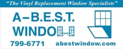 A blue and white advertisement features the text “The Vinyl Replacement Window Specialists,” along with the name “A-B-E-S-T. WINDO,” a phone number, and a website.