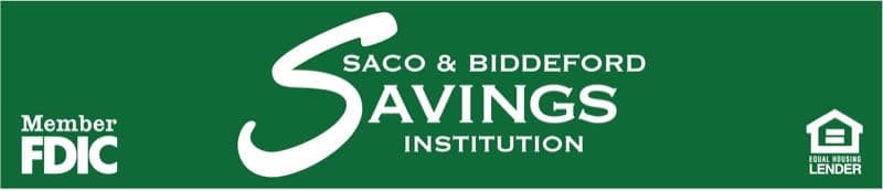 Green banner featuring the text "Saco & Biddeford Savings Institution" in white, along with "Member FDIC" and "Equal Housing Lender" displayed at the bottom.