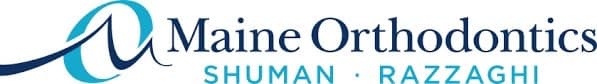 Maine Orthodontics logo featuring a stylized "M" and the names "Shuman" and "Razzaghi." The text is in blue and teal against a white background.