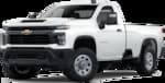 A white Chevrolet pickup truck is displayed, featuring a single cab and a bed without cargo. The truck is parked against a plain background.