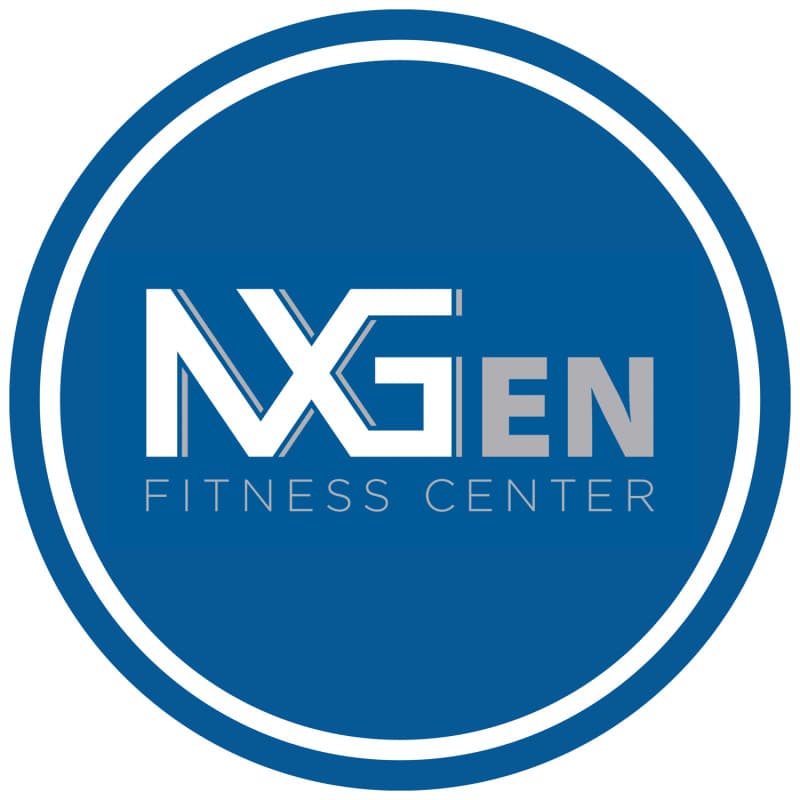 Logo design featuring the text "NXGEN FITNESS CENTER" in a modern font, set against a circular blue background. The letters "NX" are emphasized in a bold style.