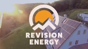 A house with solar panels on the roof is situated against a backdrop of trees and a setting sun. The logo for "Revision Energy" features mountains and a sun.
