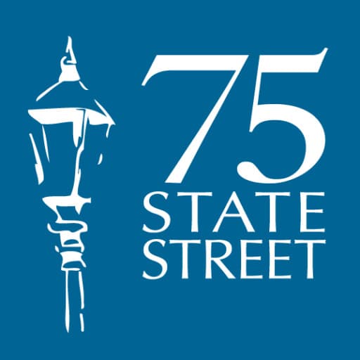 Logo featuring a street lamp and the text "75 STATE STREET" in white on a blue background.