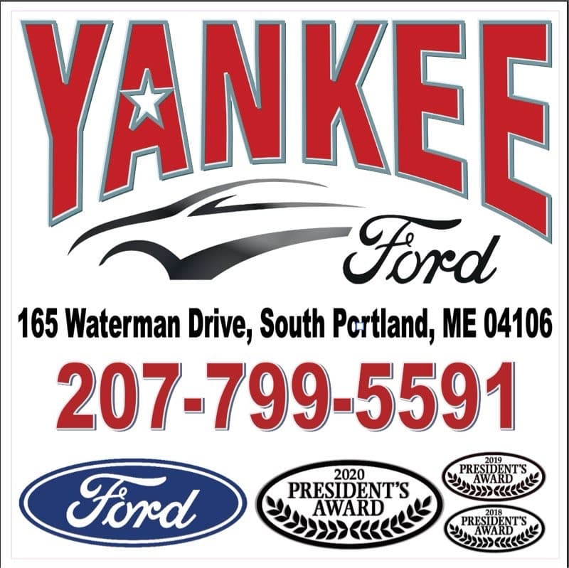 Yankee Ford sign featuring a stylized car graphic. The address is listed as 165 Waterman Drive, South Portland, ME 04106, with a phone number and several awards below the text.