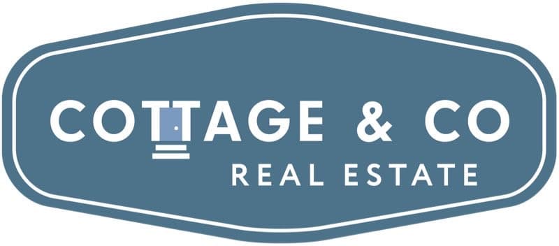 Logo for "Cottage & Co Real Estate" featuring a blue background with white text. The design includes a simple house icon incorporated into the letter "T" in "Cottage."