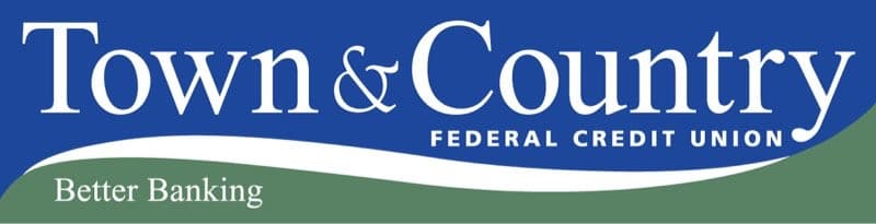 Logo for Town & Country Federal Credit Union featuring the text "Town & Country" in white on a blue background, with "Better Banking" in green below.